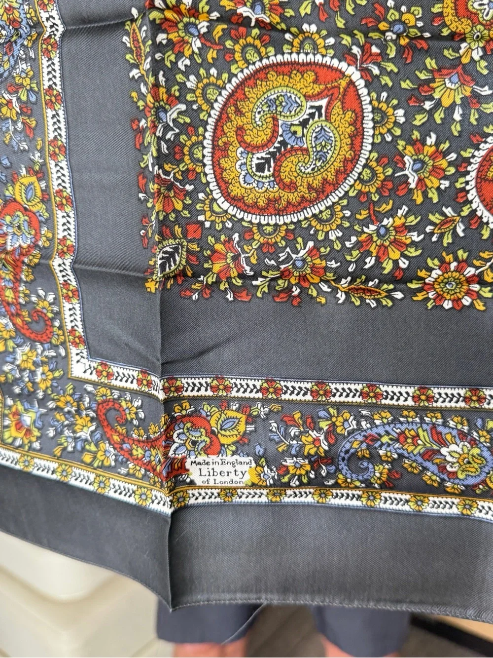 Liberty of London Gray Paisley Floral Vintage Scarf with Colorful Accents
